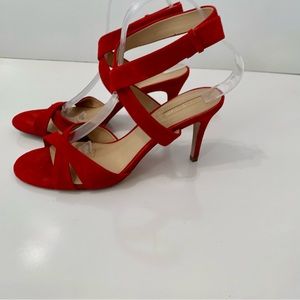 Antonio Melani Judena strappy Ankle wrap sandal peep toe criss criss leather red